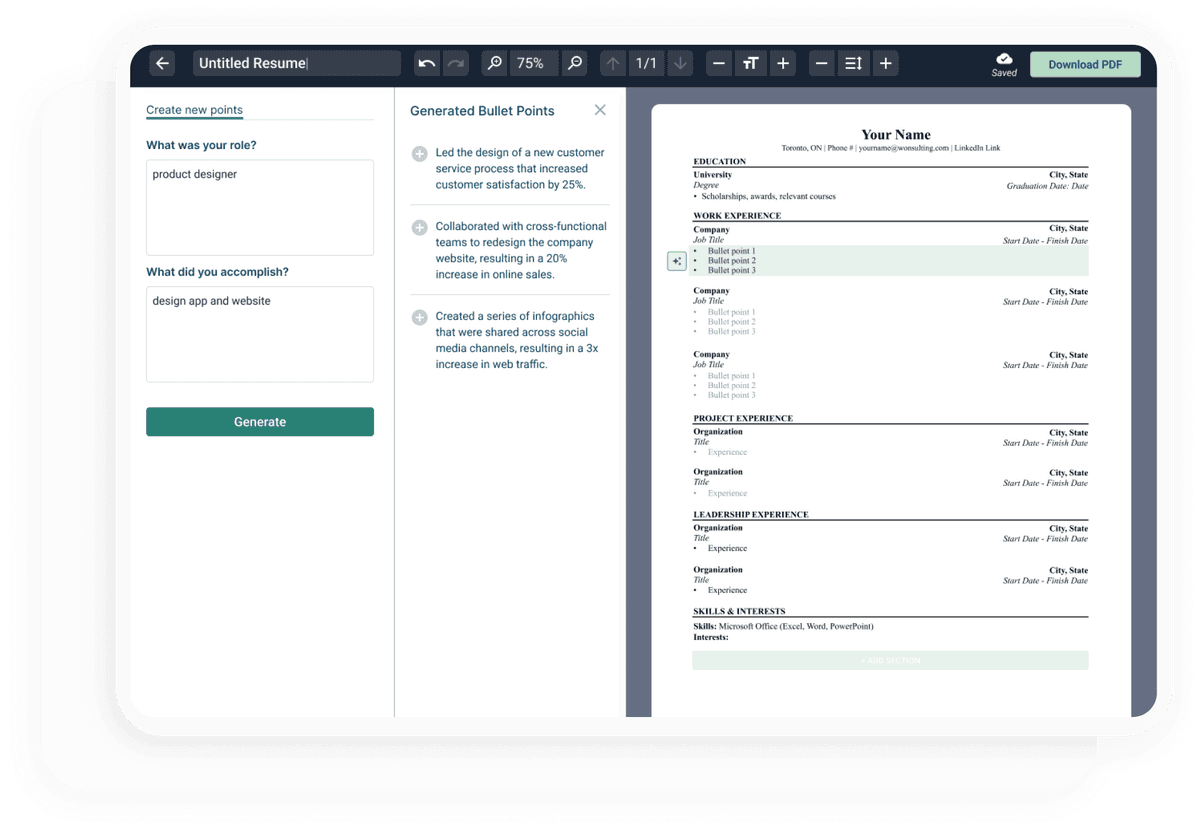 Resume builder interface